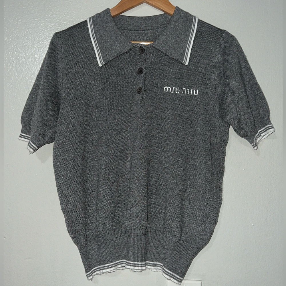 Miu Miu Charcoal Gray Knit Polo with White Trim